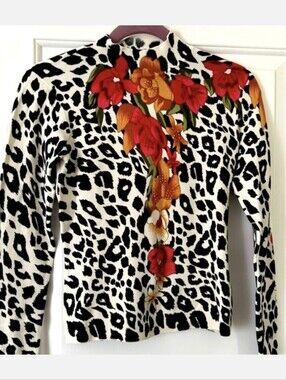 Cache Leopard Print Sweater with Floral Design